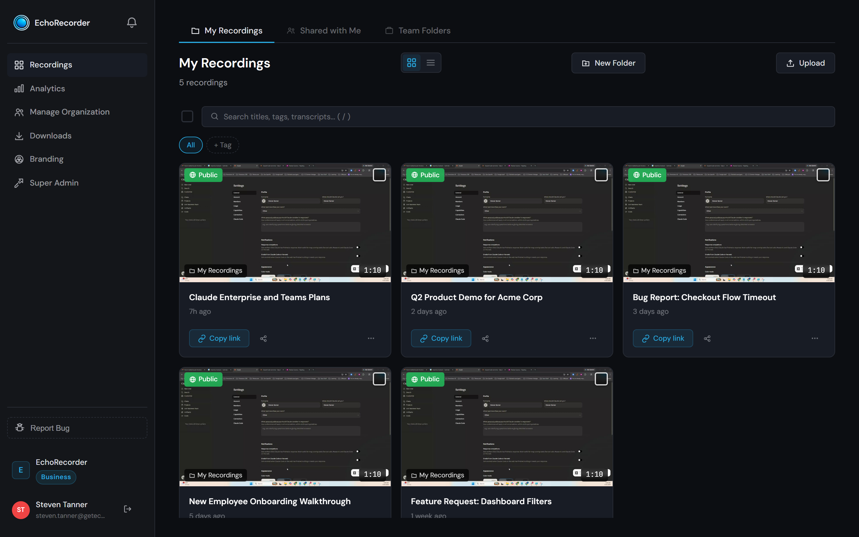 EchoRecorder dashboard showing recordings grid